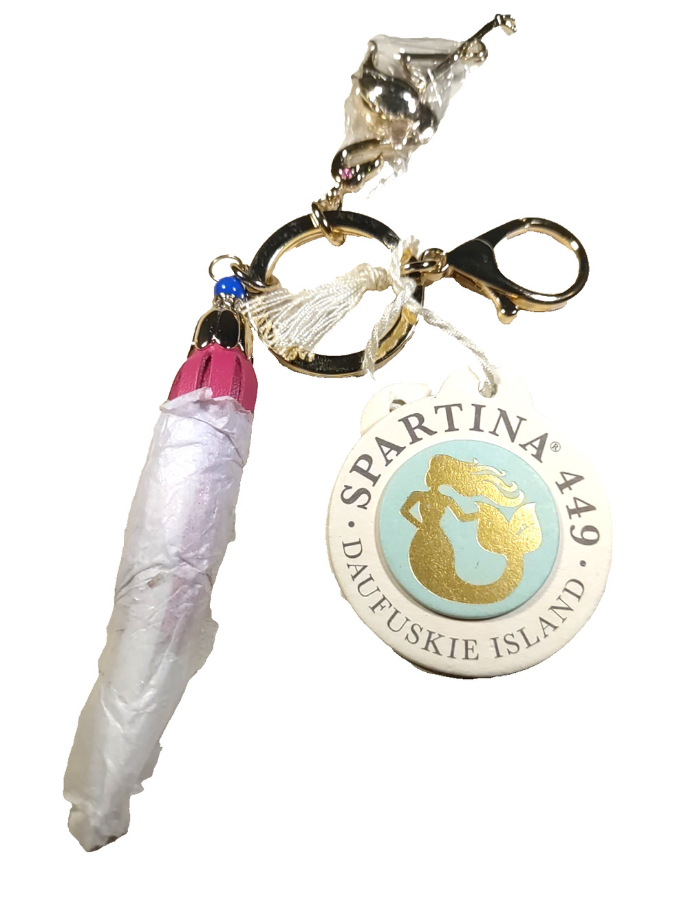 Spartina 449 Daufuskie Island Keychain Tassel Pink Leather Crane Gold Tone Purse